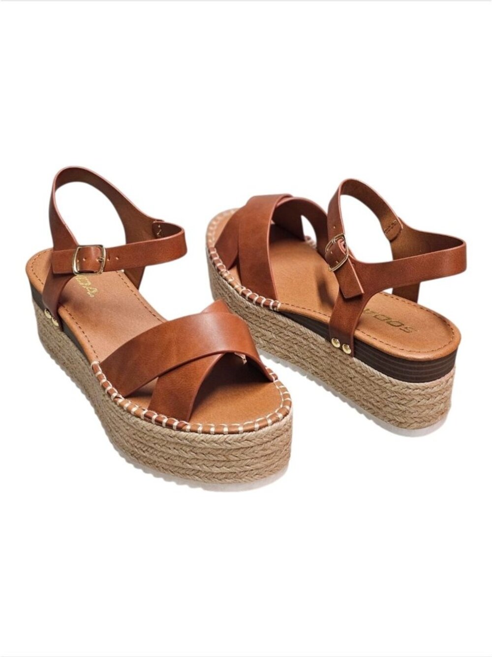Tan Platform Espadrille Sandals With Buckle Strap Crisscross Upper & White Sole - Picture 11 of 16